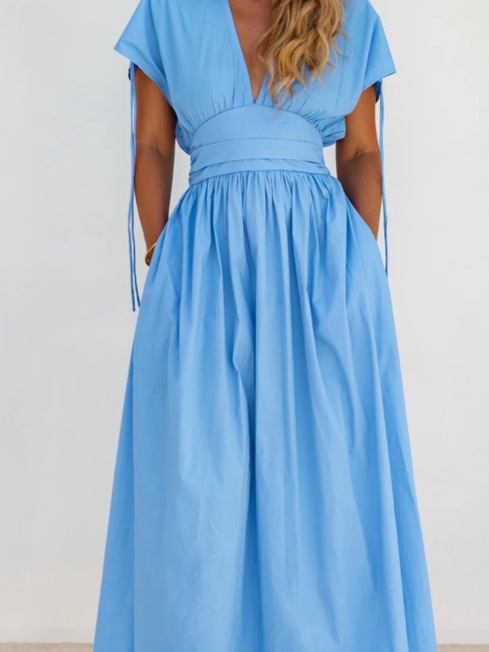 Rafina Goddess Cotton Maxi Dress by ELF Sky Blue V-Neck Gathered Sleeve dress